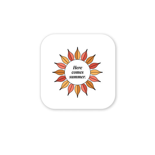 The Here Comes Summer Magnet – Retro Sunburst Mini Art by Mirabilia Boutique features orange and yellow rays framing "Here comes summer" on a square white magnet with rounded corners.