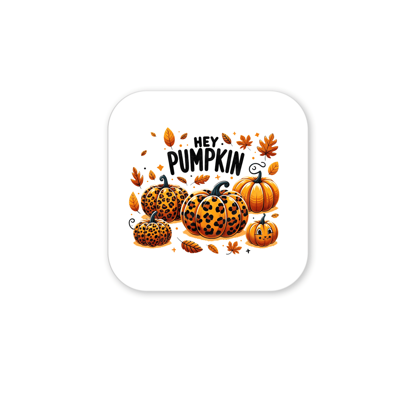 The Hey Pumpkin Magnet by Mirabilia Boutique features leopard print pumpkins with autumn leaves and "HEY PUMPKIN" text—perfect fall fridge decor for your kitchen.