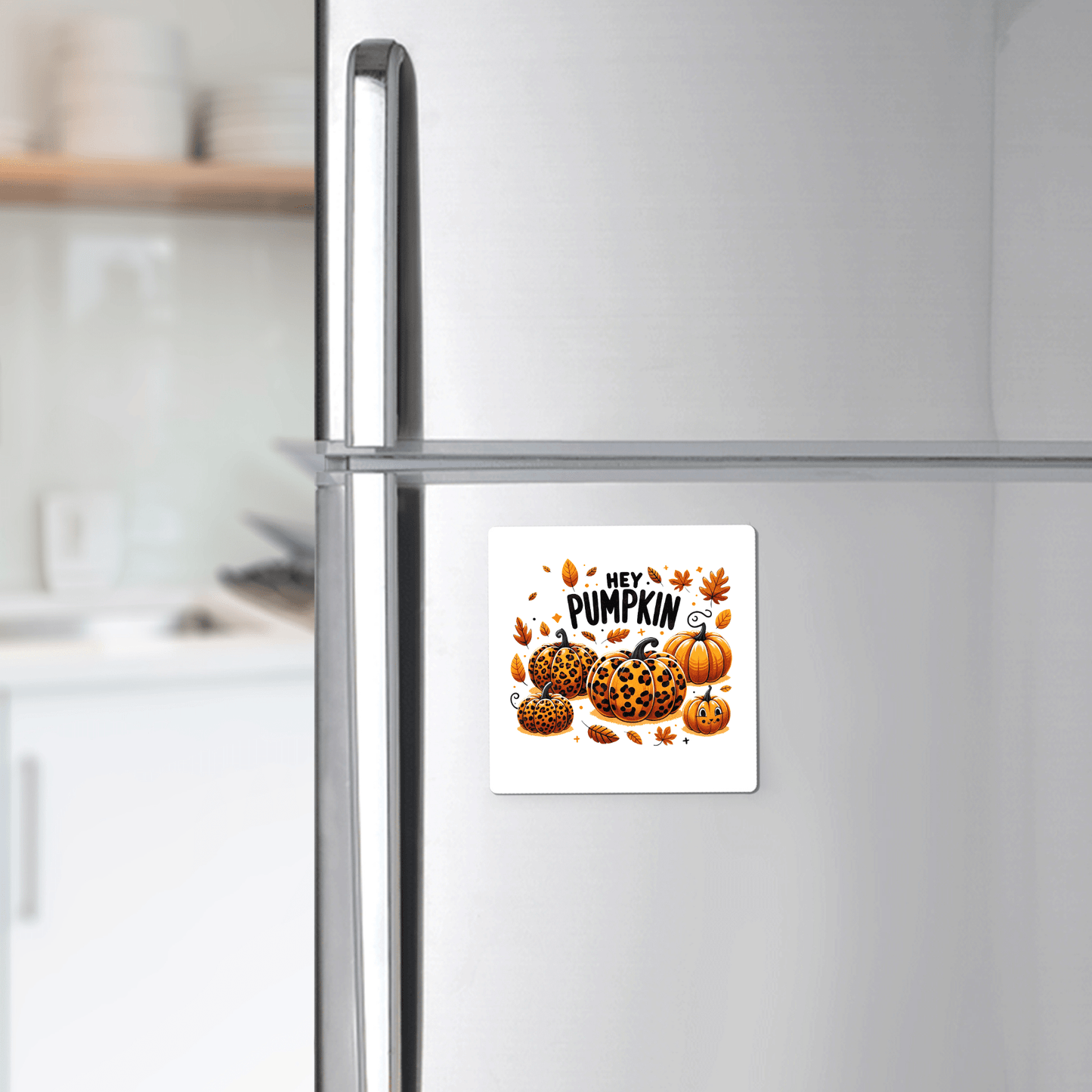 The Hey Pumpkin Magnet by Mirabilia Boutique features a leopard pumpkin design and fall leaves, adding charming autumn decor to your modern kitchen fridge.