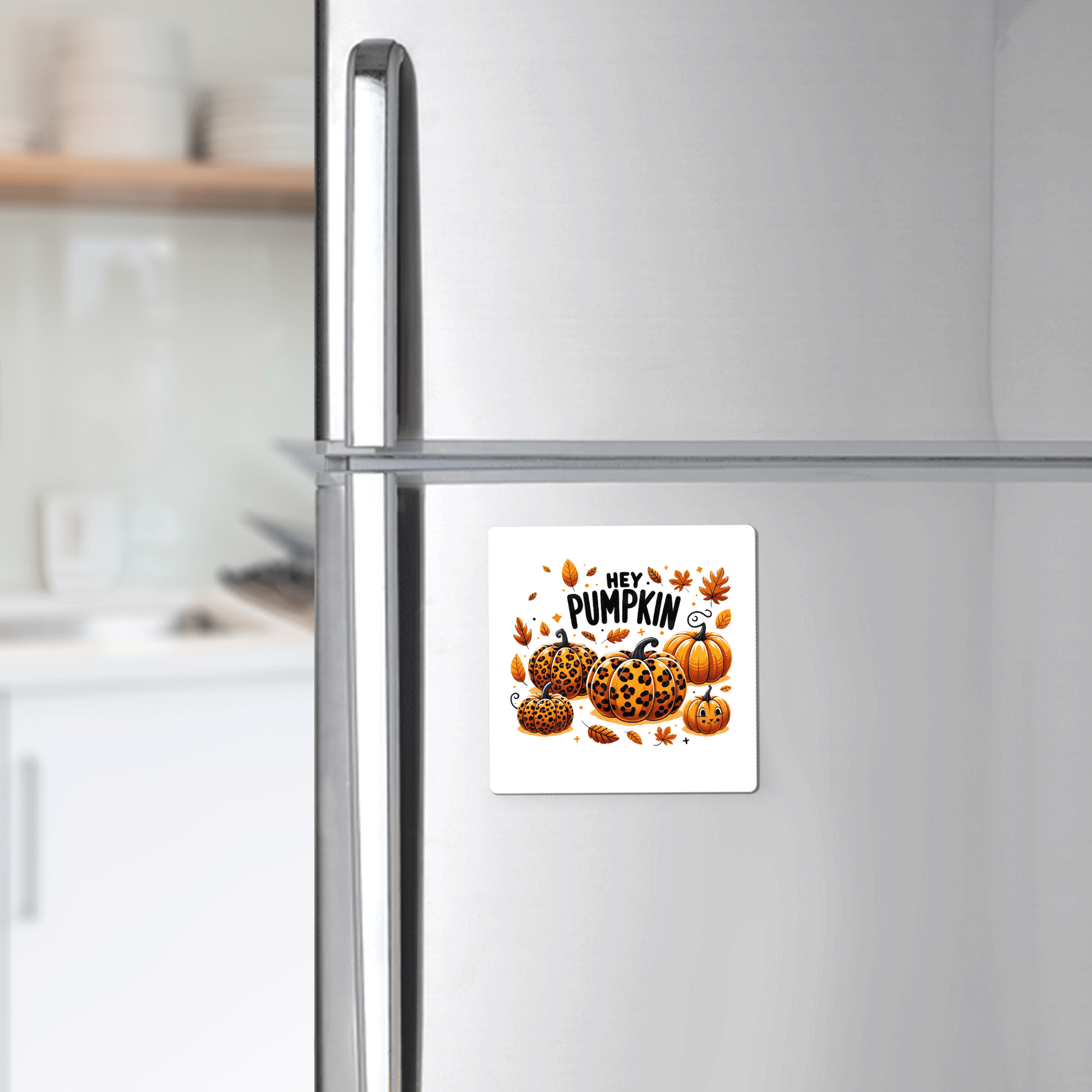 The Hey Pumpkin Magnet by Mirabilia Boutique features a leopard pumpkin design and fall leaves, adding charming autumn decor to your modern kitchen fridge.