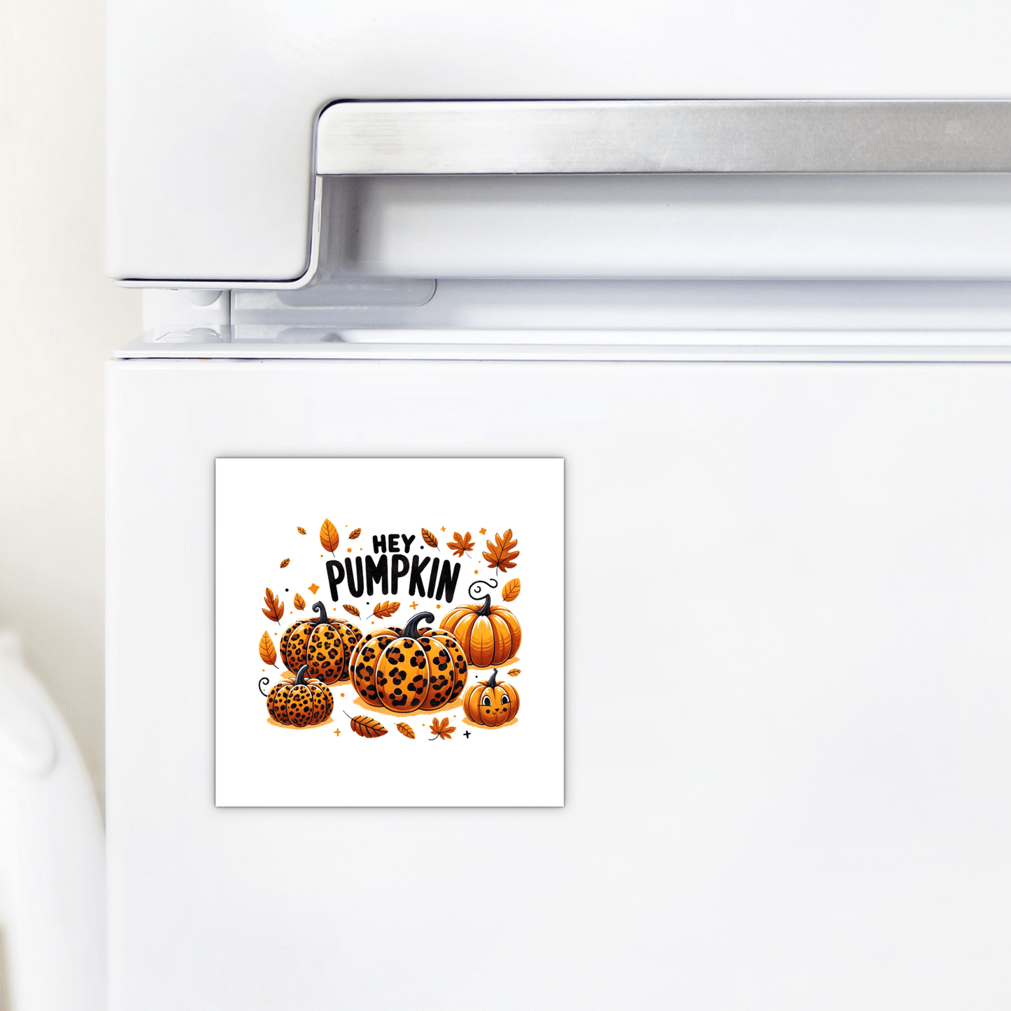 The "Hey Pumpkin Magnet" by Mirabilia Boutique features illustrated pumpkins—including leopard print—autumn leaves, and "Hey, Pumpkin" text, making it perfect fall fridge decor for your kitchen.