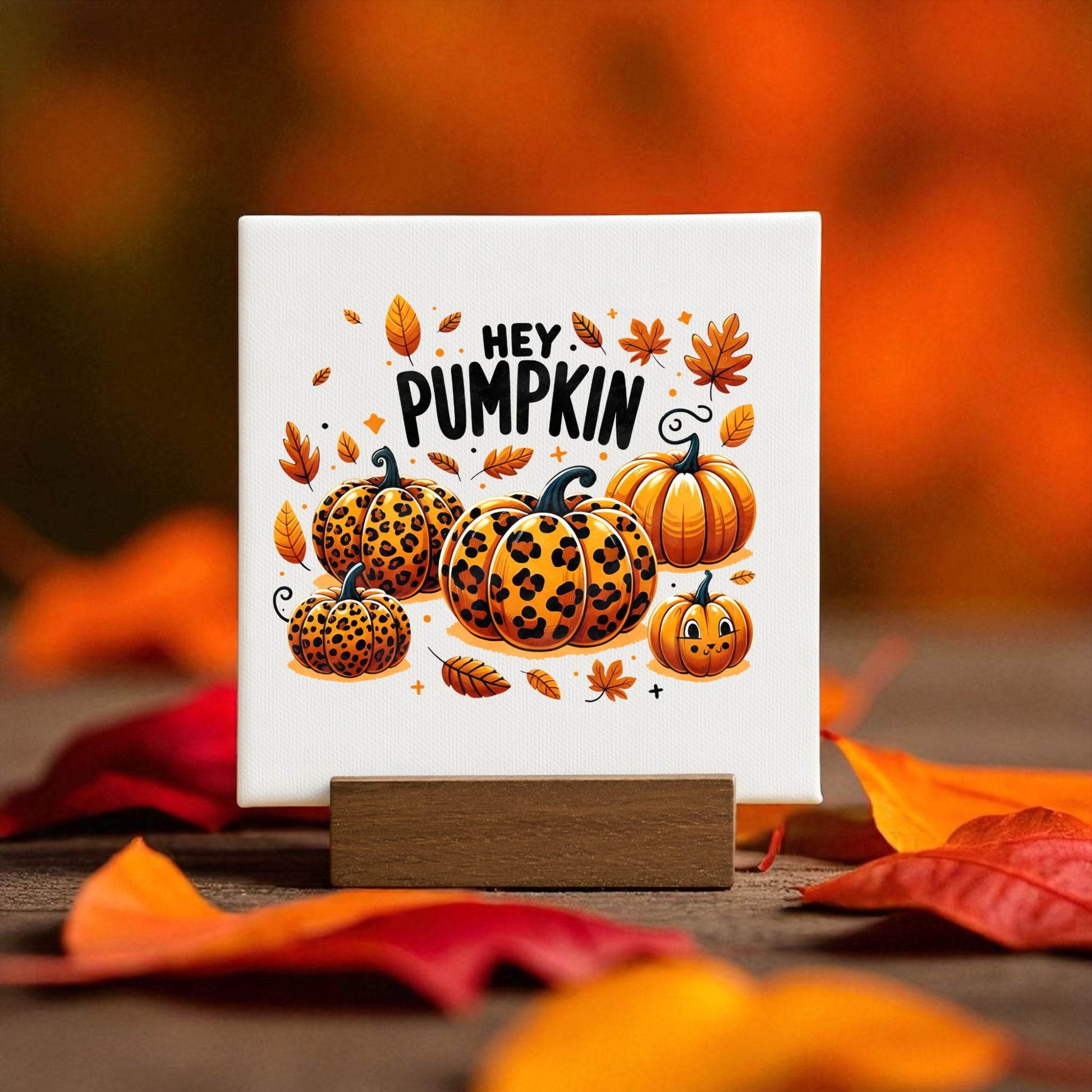 The Hey Pumpkin Mini Sign by Mirabilia Boutique features illustrated pumpkins, including leopard print, fall leaves, and "Hey Pumpkin" text on a wooden stand—ideal autumn decor for any space.