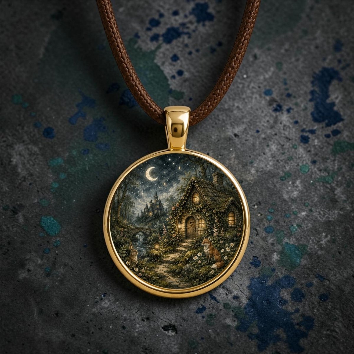 Introducing The Hidden Hearth | Story Pendant Necklace by Mirabilia Boutique—a gold pendant suspended from a brown cord, beautifully adorned with an illustration of a woodland cottage, lush garden, crescent moon, and animals beneath a starry night sky. Set against a speckled stone background, this enchanting jewelry piece exquisitely captures the whimsical charm of storybook nights—truly wearable art from Mirabilia Boutique.