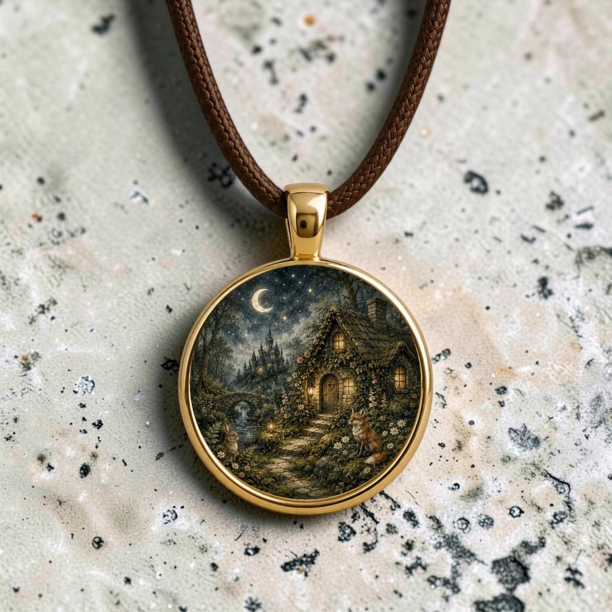 The Hidden Hearth | Story Pendant Necklace by Mirabilia Boutique is a unique round gold woodland cottage pendant on a brown cord, showcasing detailed artwork of a moonlit cottage surrounded by trees and animals on a textured stone surface—a wearable piece of storybook-inspired art.