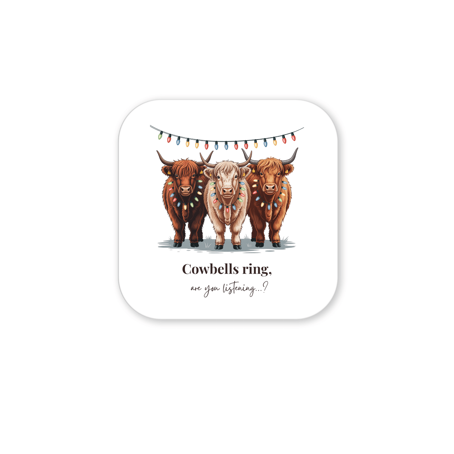 Mirabilia Boutique’s Highland Cow Christmas Magnet features three cute cows under festive lights with the text “Cowbells ring, are you listening…?”—a charming gift and perfect farmhouse holiday decor.