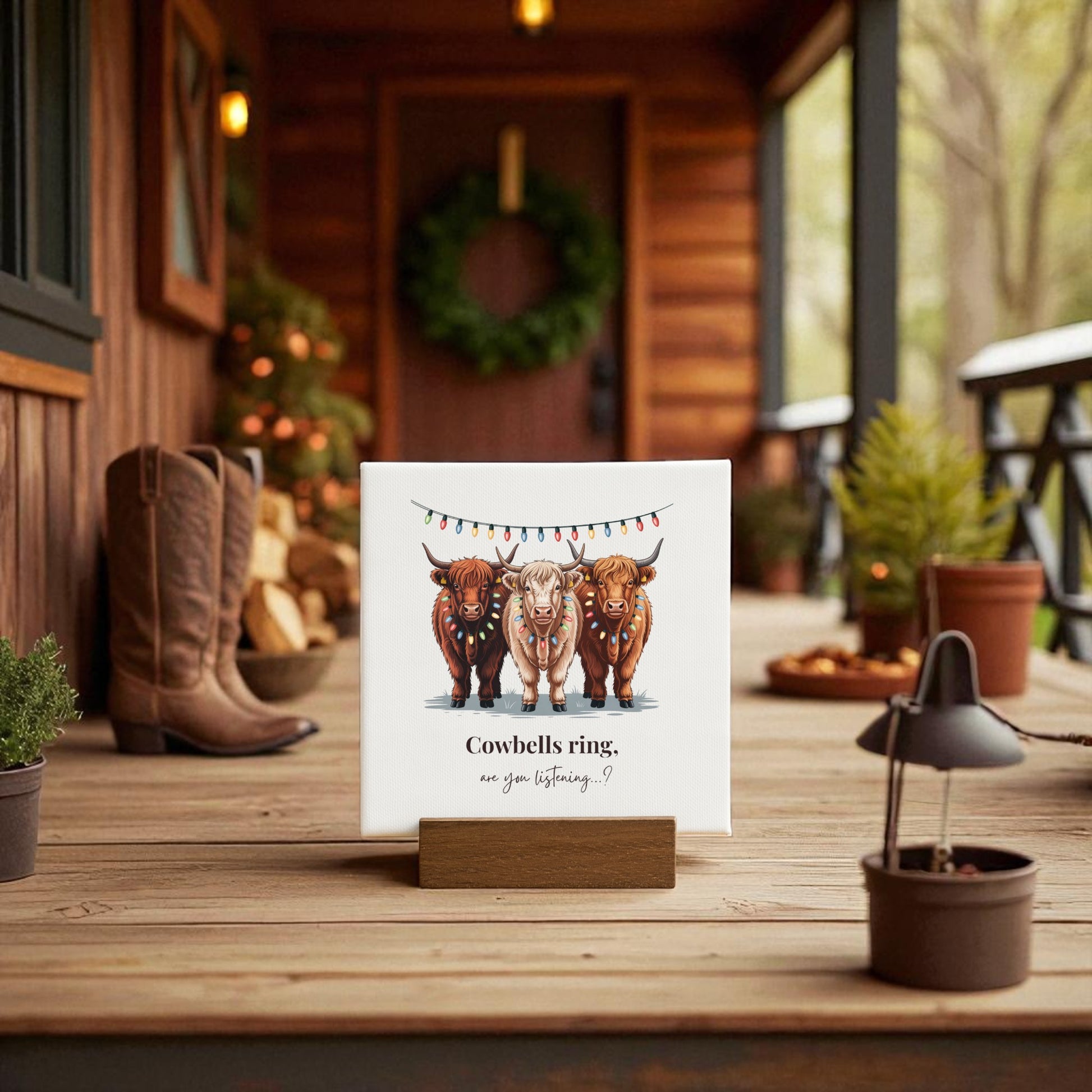 Add rustic charm to your porch with the Mirabilia Boutique Highland Cow Christmas Mini Sign—this 4x4 decor features three festive cows, Christmas lights, and “Cowbells ring, are you listening?” for the perfect farmhouse holiday touch.