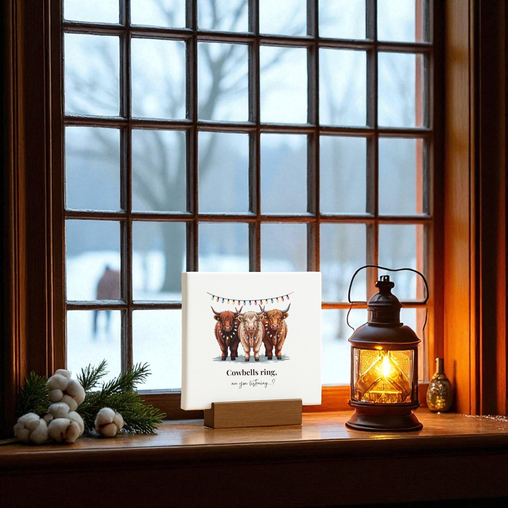 A windowsill is decorated with a framed print of three cows, a pine branch with berries, the Highland Cow Christmas Mini Sign by Mirabilia Boutique, and a lit lantern; snowy trees and landscape are visible outside the window.
