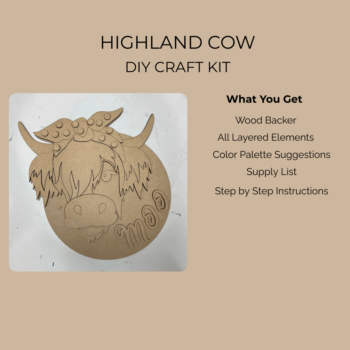 The Highland Cow Paint Kit | DIY Wall Sign Craft for Adults & Kids by Mirabilia Boutique includes a wooden cow head backer with layered details, color ideas, supply list, and instructions—everything you need to craft a unique wall sign.