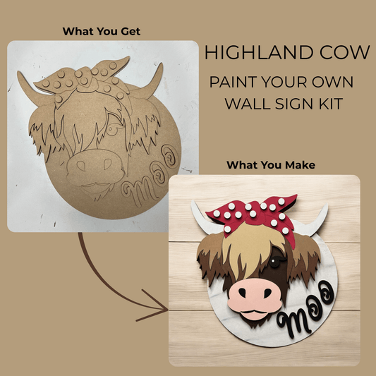 Side-by-side images show an unfinished wood cutout of a highland cow with "Moo" (top left) and a painted version (bottom right). Text: "Highland Cow Paint Kit | DIY Wall Sign Craft for Adults & Kids by Mirabilia Boutique.