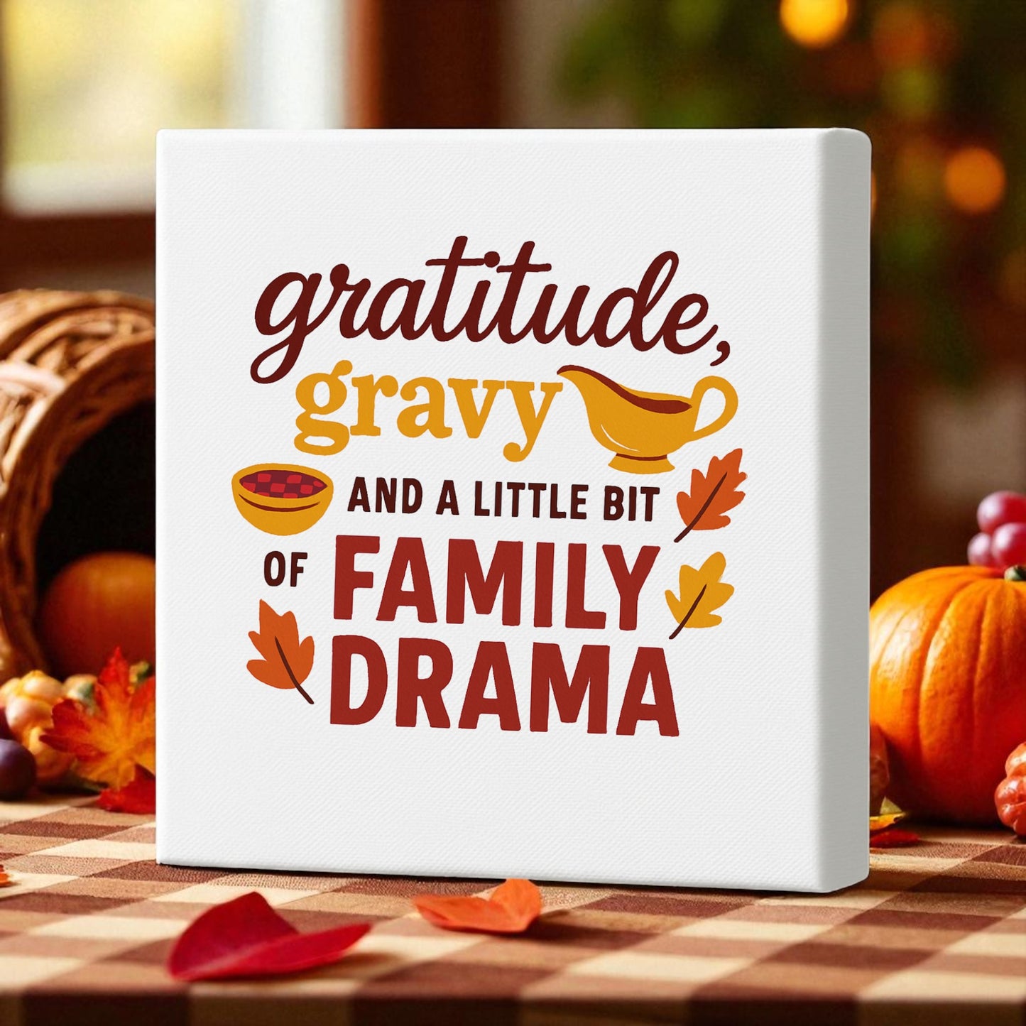 The Mirabilia Boutique "Gratitude Gravy & Family Drama" 8x8 canvas features a funny Thanksgiving quote with autumn graphics, perfect as festive decor to add cozy charm to your family gathering.