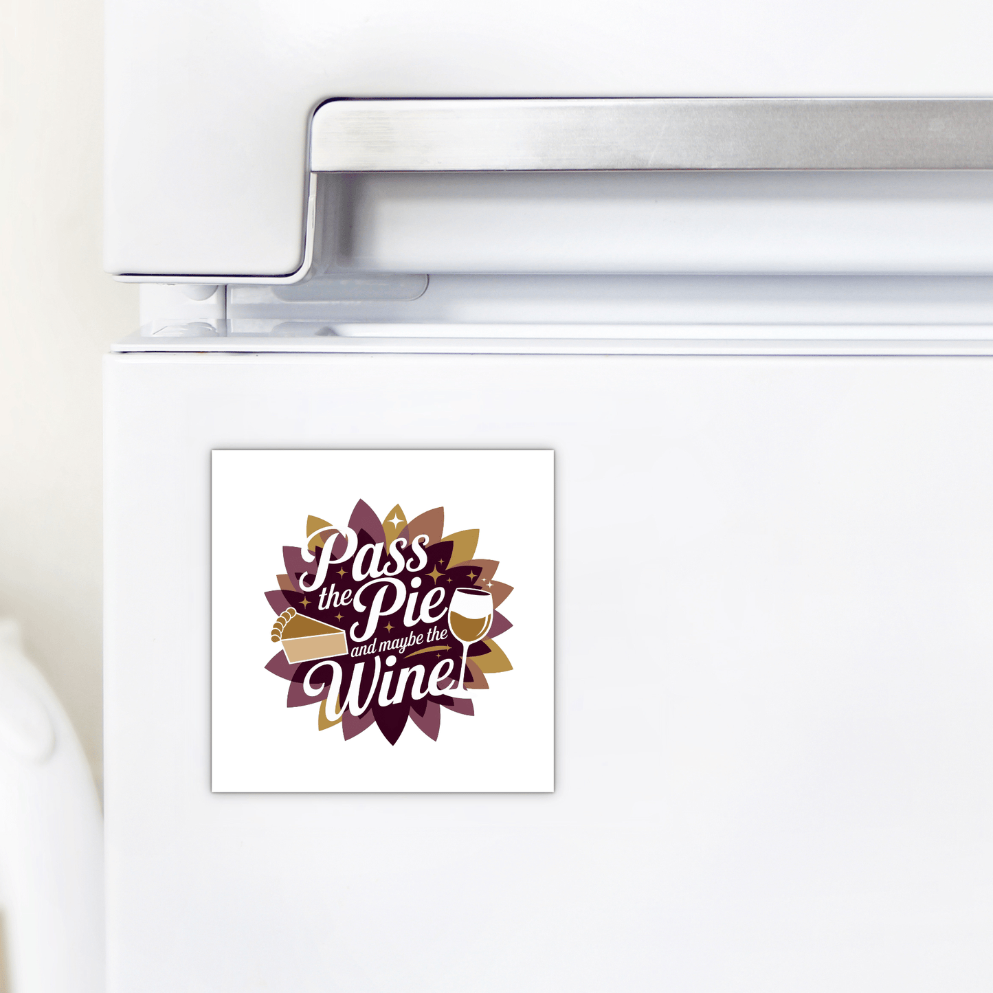 The Mirabilia Boutique Pass the Pie & Wine Magnet is a funny Thanksgiving fridge decor with pie and wine glass art—perfect for holiday kitchens or as a wine lover gift.