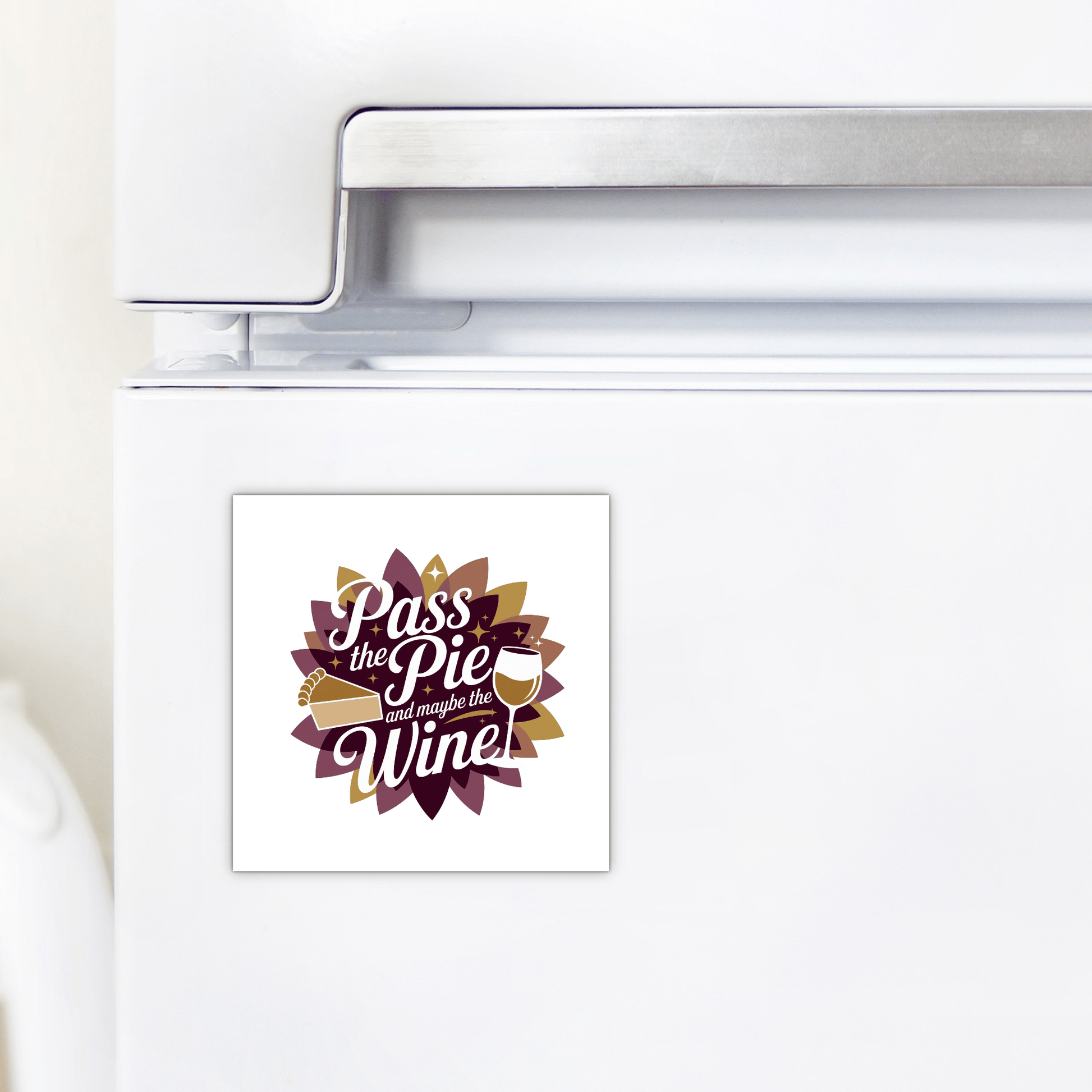The Mirabilia Boutique Pass the Pie & Wine Magnet is a funny Thanksgiving fridge decor with pie and wine glass art—perfect for holiday kitchens or as a wine lover gift.