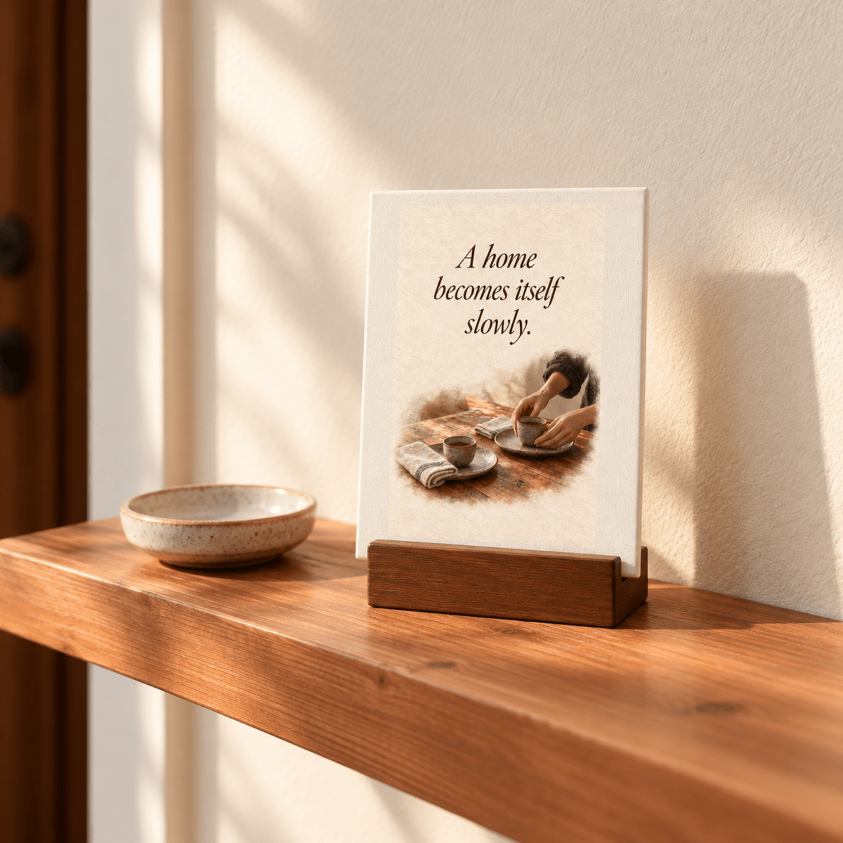A Home Becomes Itself Slowly Mini Sign in a wooden stand, featuring an illustration of a table setting with two cups.