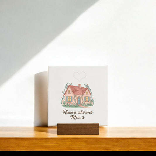 The Home Is Wherever Mom Is Mini Sign by Mirabilia Boutique features a charming house with plants and a heart, plus loving text—making it a perfect Mother’s Day gift for Mom.