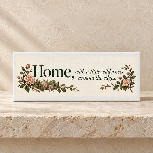 Home & Wilderness Canvas Shelf Sitter rectangular sign reading, “Home, with a little wilderness around the edges,” decorated with illustrations of an English stone cottage, roses, and greenery.