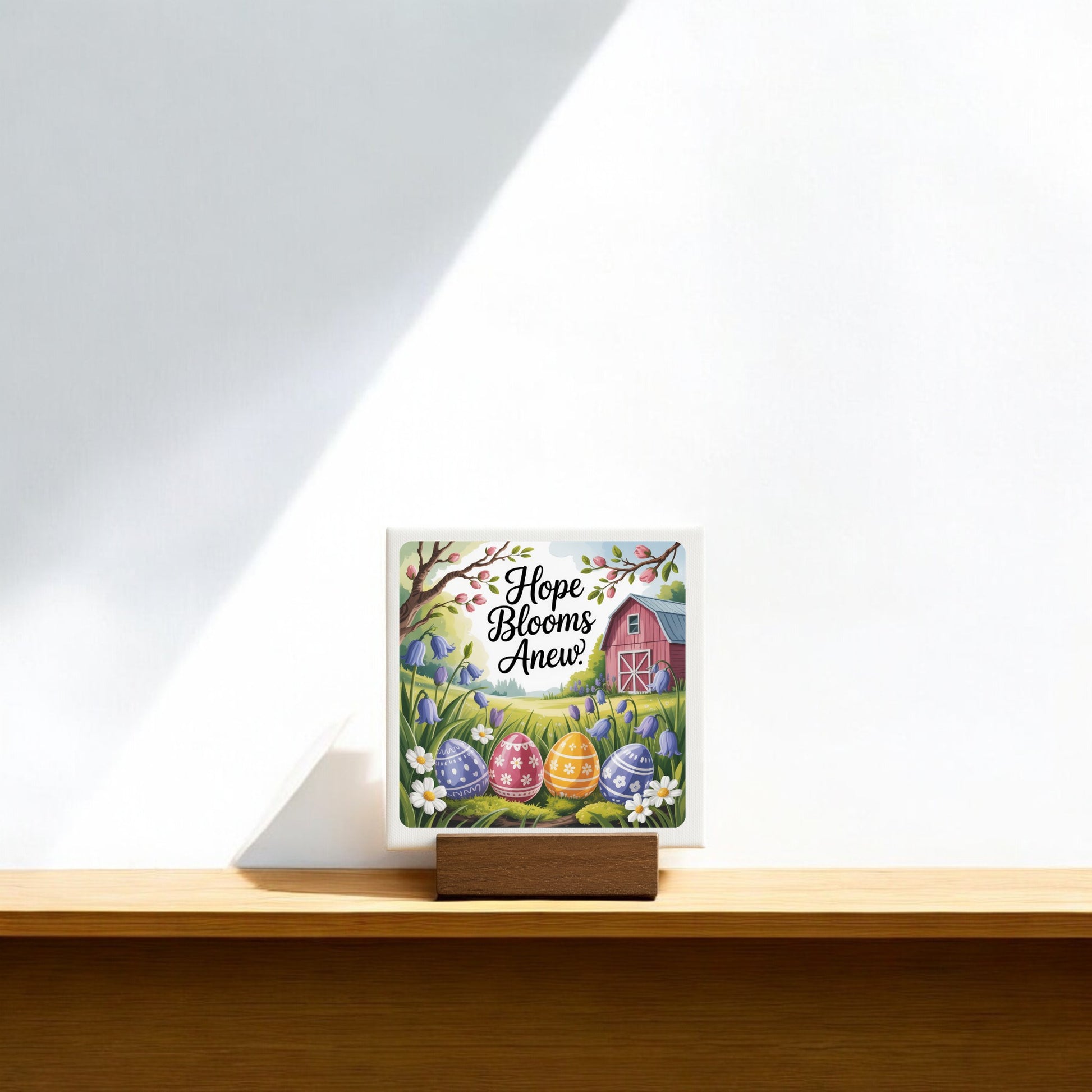 The Hope Blooms Anew Mini Canvas – 4x4 Spring Sign by Mirabilia Boutique rests on a wooden shelf with painted Easter eggs, flowers, green grass, and a red barn beside “Hope Blooms Anew!” Sunlight casts soft shadows on the wall behind.