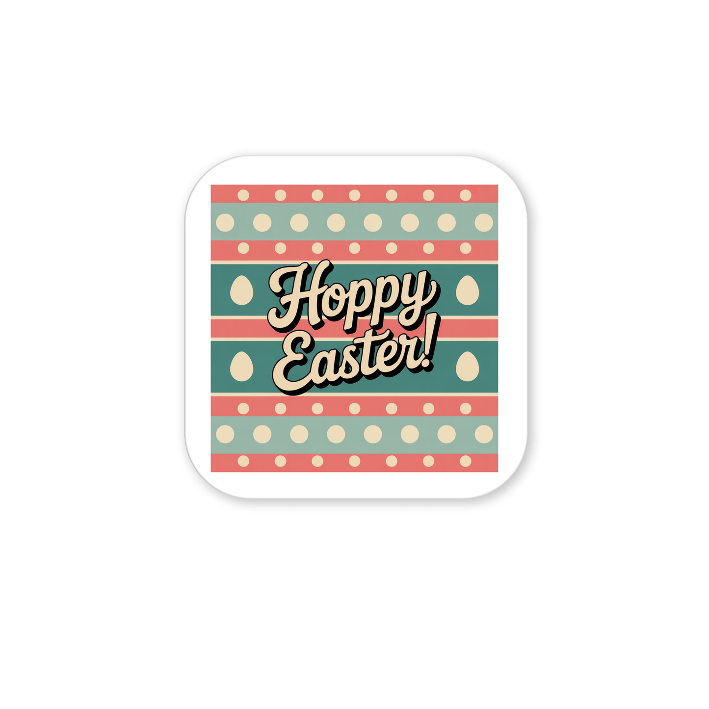 The Hoppy Easter Magnet – Retro Spring Egg Design by Mirabilia Boutique features pastel stripes, polka dots, and eggs with “Hoppy Easter!” in playful script—perfect as cheerful décor or a unique basket filler.