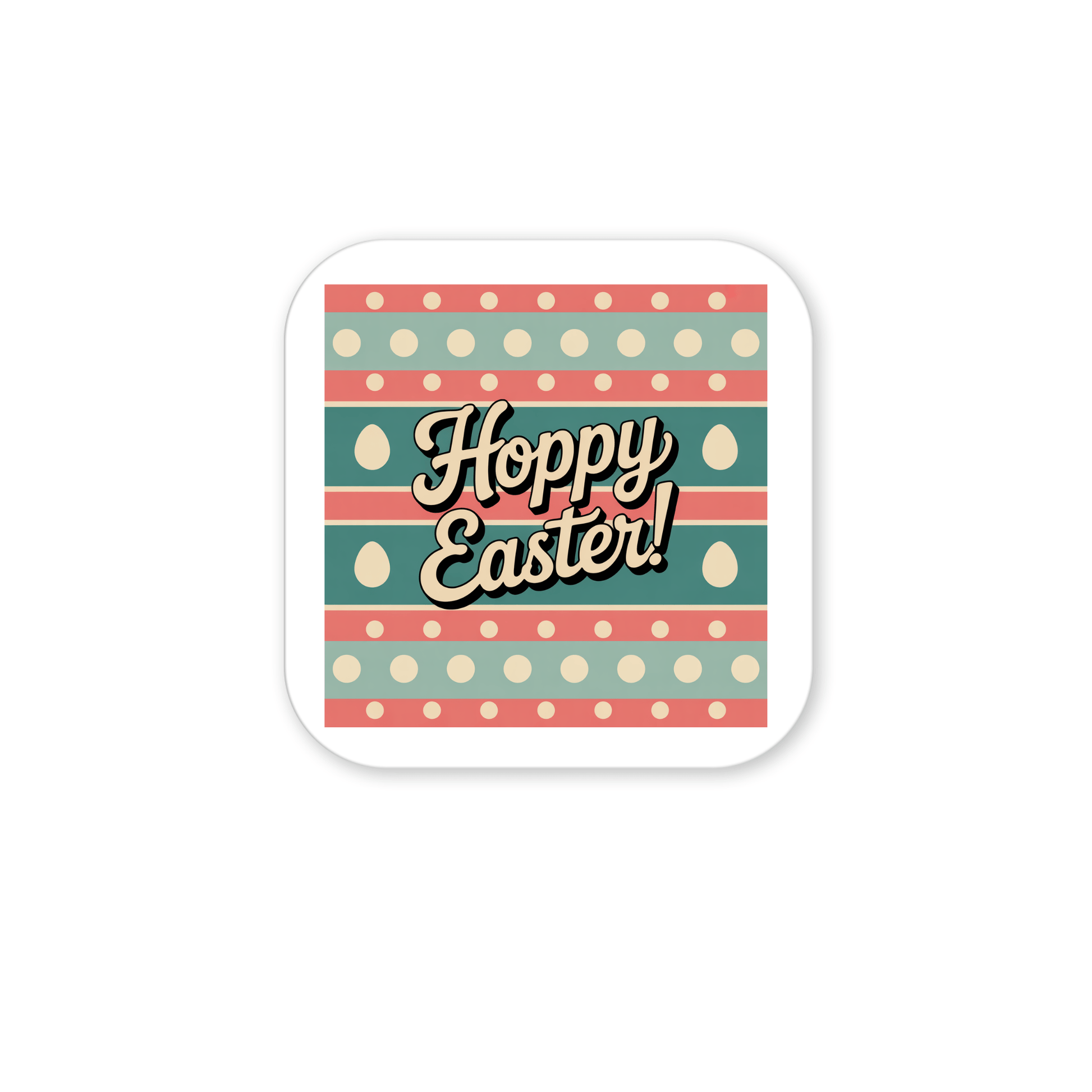 The Hoppy Easter Magnet – Retro Spring Egg Design by Mirabilia Boutique features pastel stripes, polka dots, and eggs with “Hoppy Easter!” in playful script—perfect as cheerful décor or a unique basket filler.