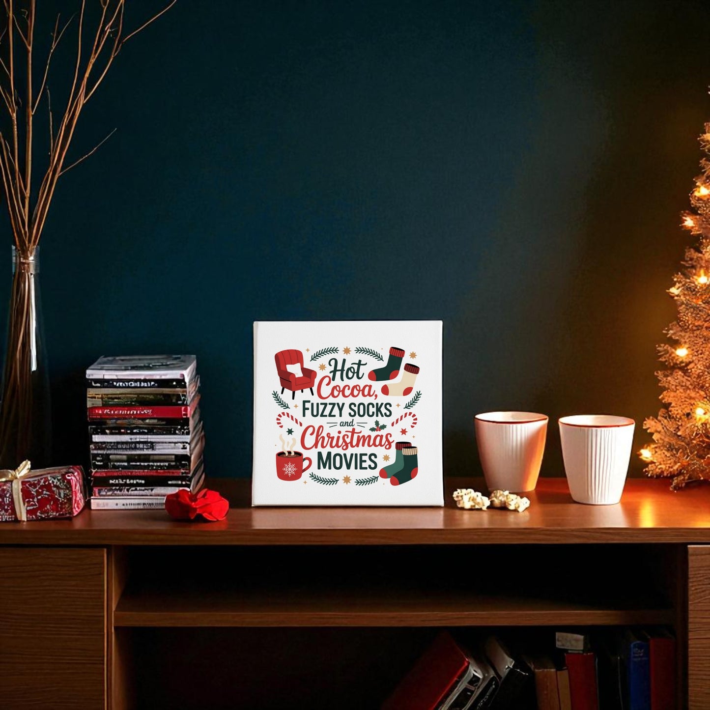 A cozy living room showcases Mirabilia Boutique's 8x8 “Hot Cocoa, Fuzzy Socks, Christmas Movies” holiday canvas on a shelf with two white mugs, DVDs, a mini Christmas tree, and festive décor.