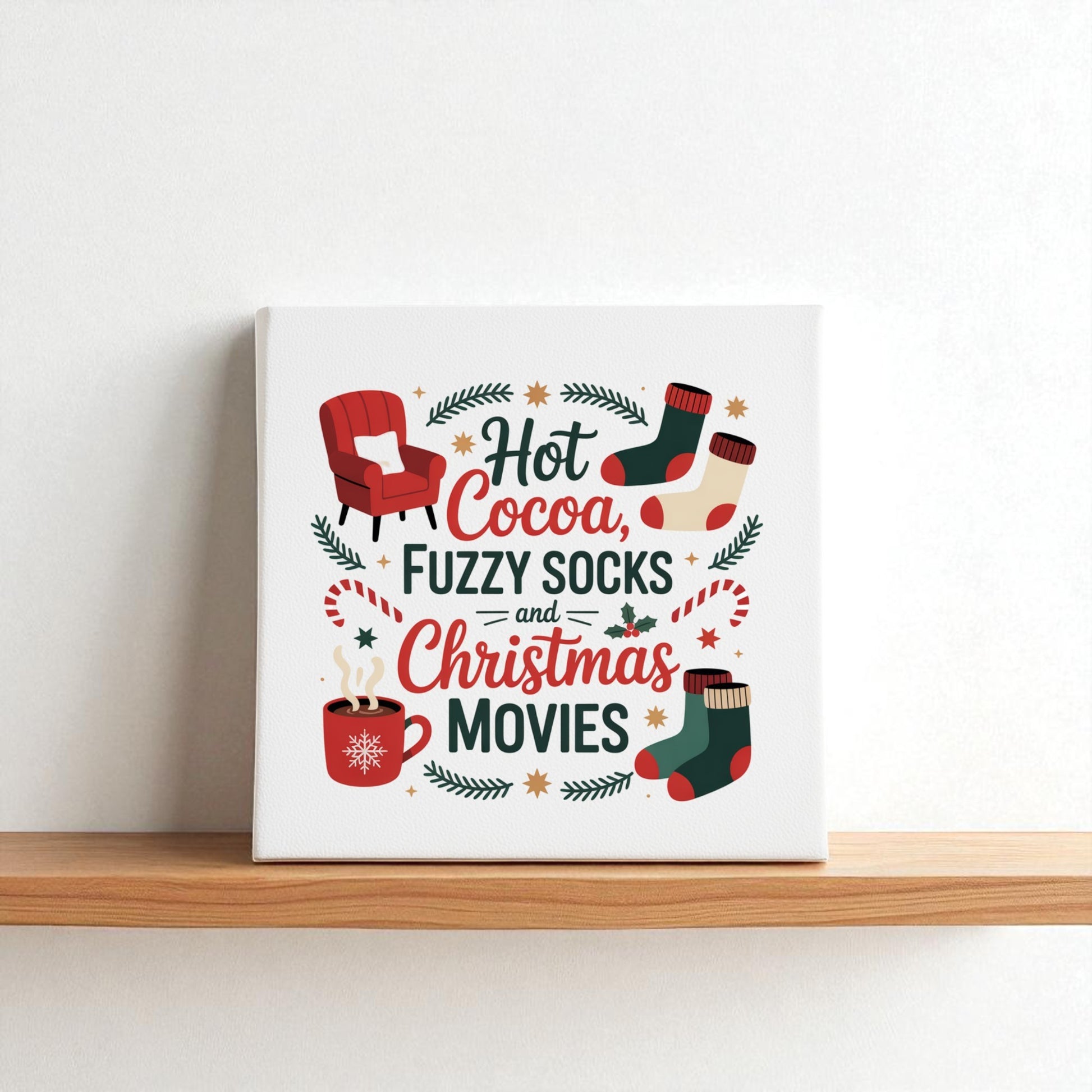 The Mirabilia Boutique "Hot Cocoa, Fuzzy Socks, Christmas Movies" 8x8 Cozy Holiday Canvas features festive illustrations and holiday sayings—perfect decor or a cozy Christmas gift.