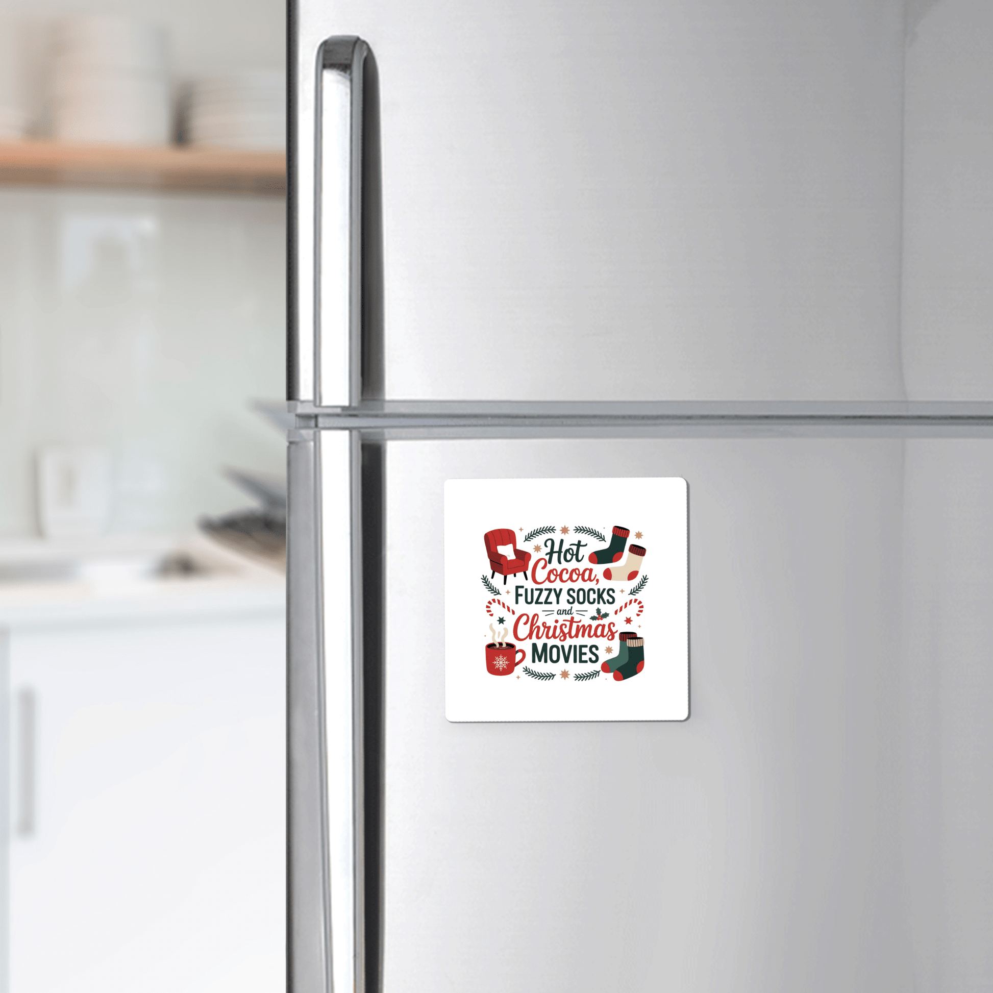 The "Hot Cocoa, Fuzzy Socks, Christmas Movies" funny Christmas magnet by Mirabilia Boutique is a festive fridge accessory—ideal décor or a charming stocking stuffer for any modern kitchen.