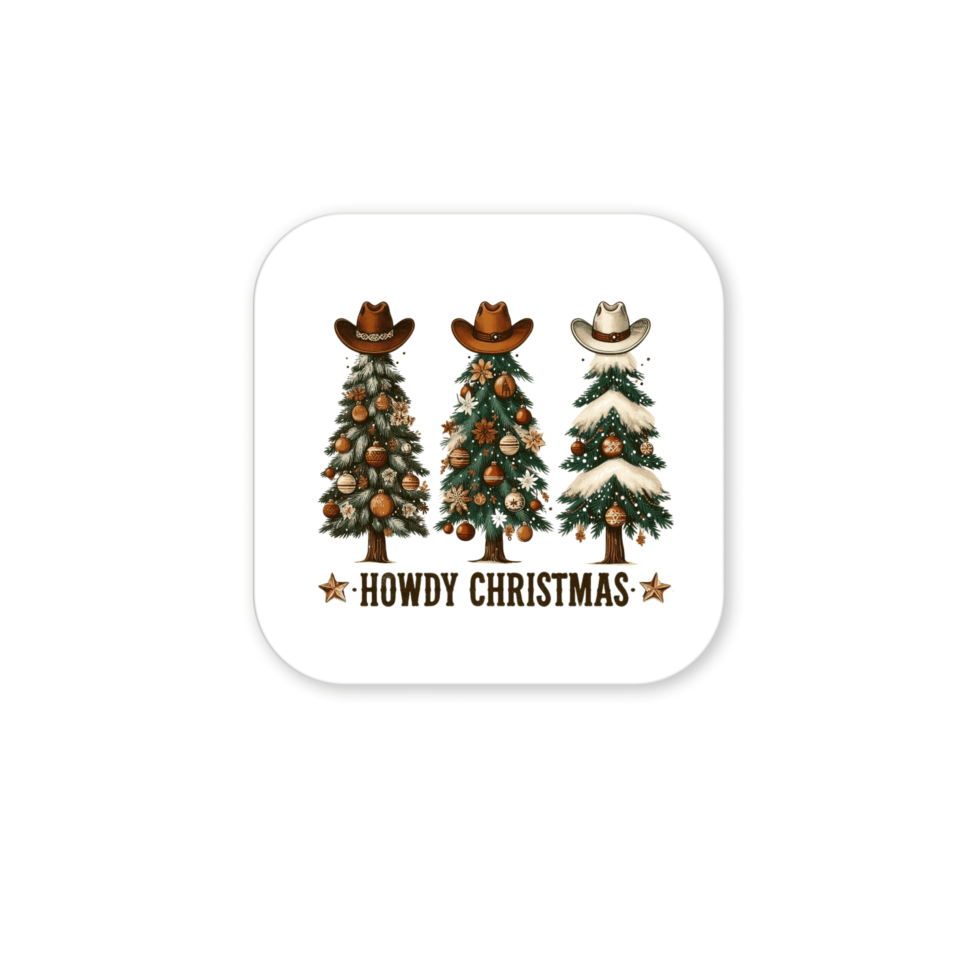 Mirabilia Boutique’s "Howdy Christmas Magnet | Western Holiday Decor" features three cowboy hat-topped Christmas trees above "Howdy Christmas," accented by gold stars, creating a charming Western holiday scene on a white background.
