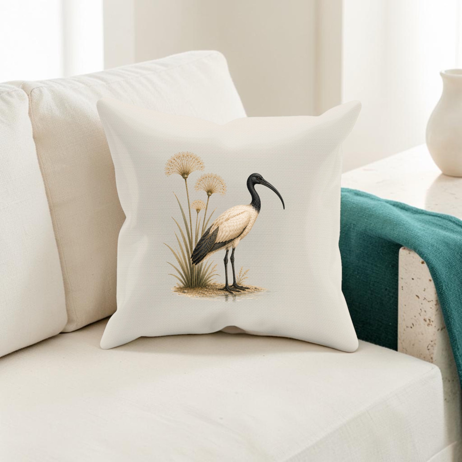 The Ibis & Papyrus Pillow from Mirabilia Boutique, featuring an illustration of an ibis among tall papyrus grasses and inspired by Egyptian home decor, is displayed on a beige sofa beside a teal blanket.