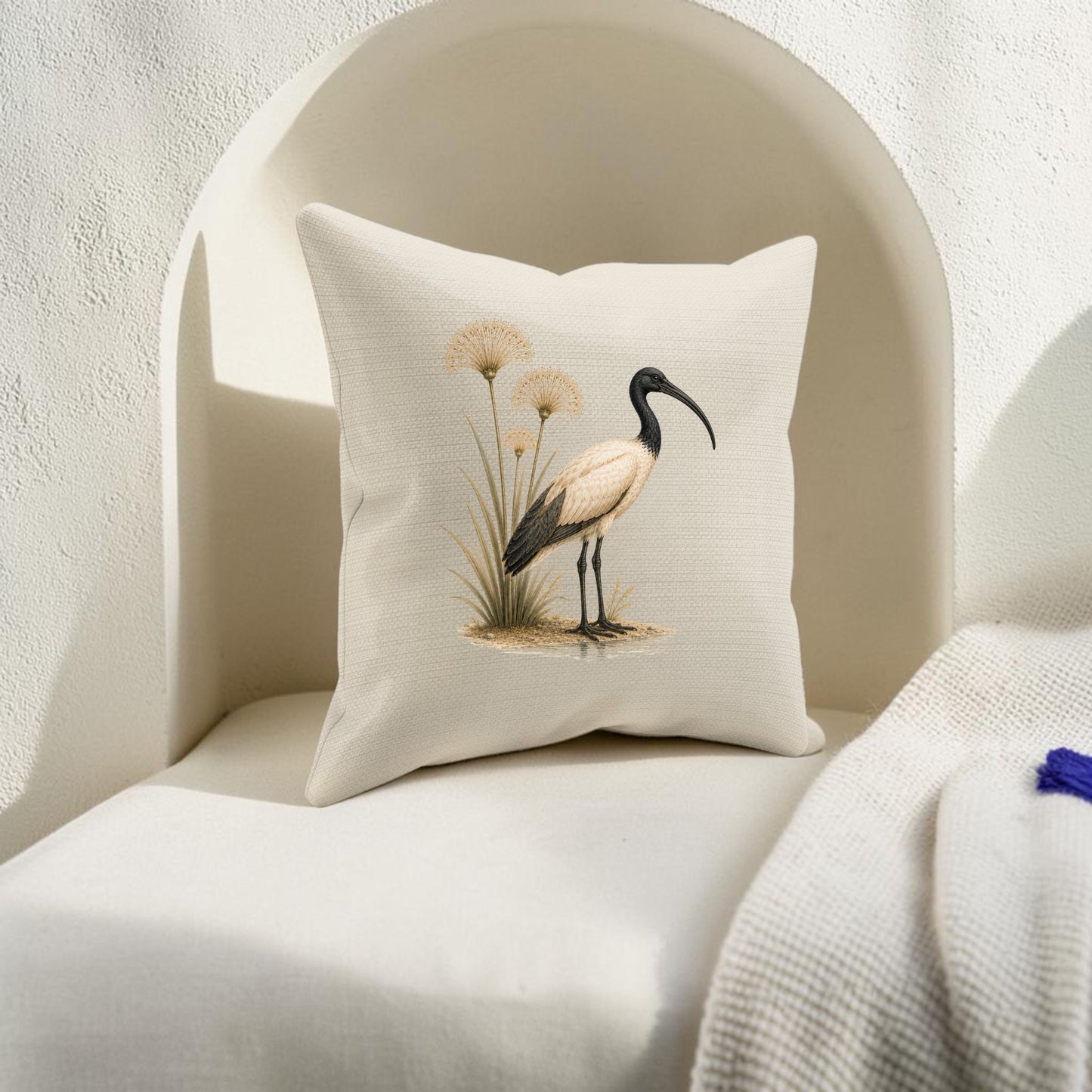 A cream-colored Ibis & Papyrus Pillow from Mirabilia Boutique, featuring a black and white ibis among tall grass, rests on a white chair beside a textured beige blanket.