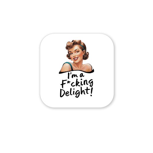 The Mirabilia Boutique "I’m a F*cking Delight" Magnet is a 3x3 retro-style UV printed magnet, featuring bold text and vintage flair—perfect as a funny, sassy gift for friends, coworkers, or yourself.
