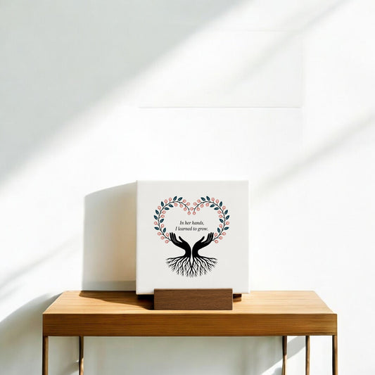 The In Her Hands Mini Sign by Mirabilia Boutique features two hands forming a heart with roots and leaves, plus the quote “In her hands, I learned to grow”—a thoughtful Mother’s Day gift displayed on a wooden table in sunlight.