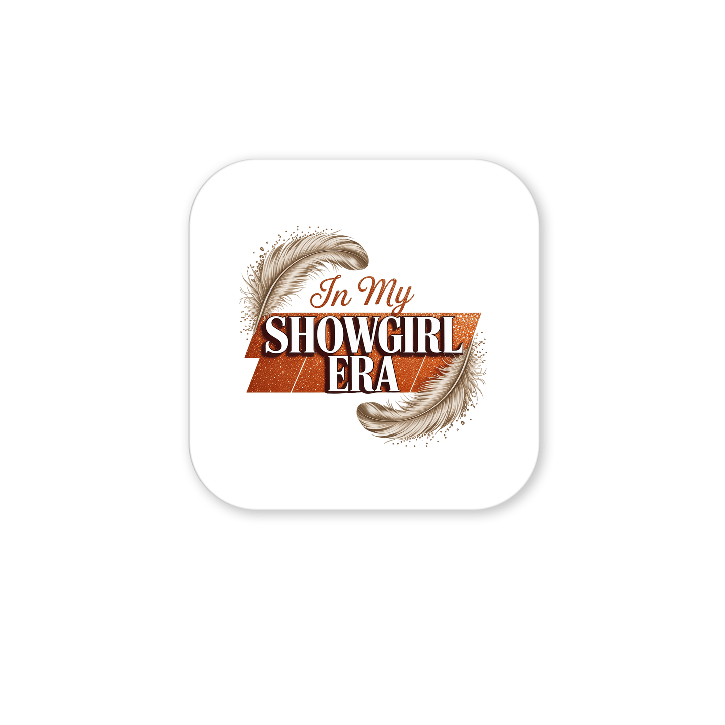 The "In My Showgirl Era Magnet" by Mirabilia Boutique features bold, glittery brown text with two elegant feathers—perfect for fun fridge decor or adding glam showgirl vibes to any space.