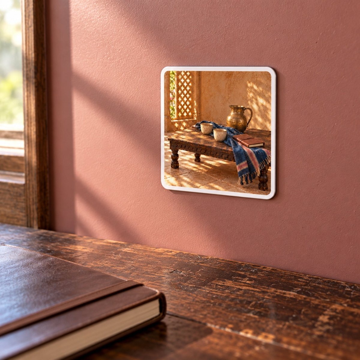Square Two Cups Before Leaving Magnet | Sand & Saffron decorative hardboard magnet featuring a still life artwork of two cups, a pitcher, and a notebook on a wooden table, stuck to a dusty pink wall.