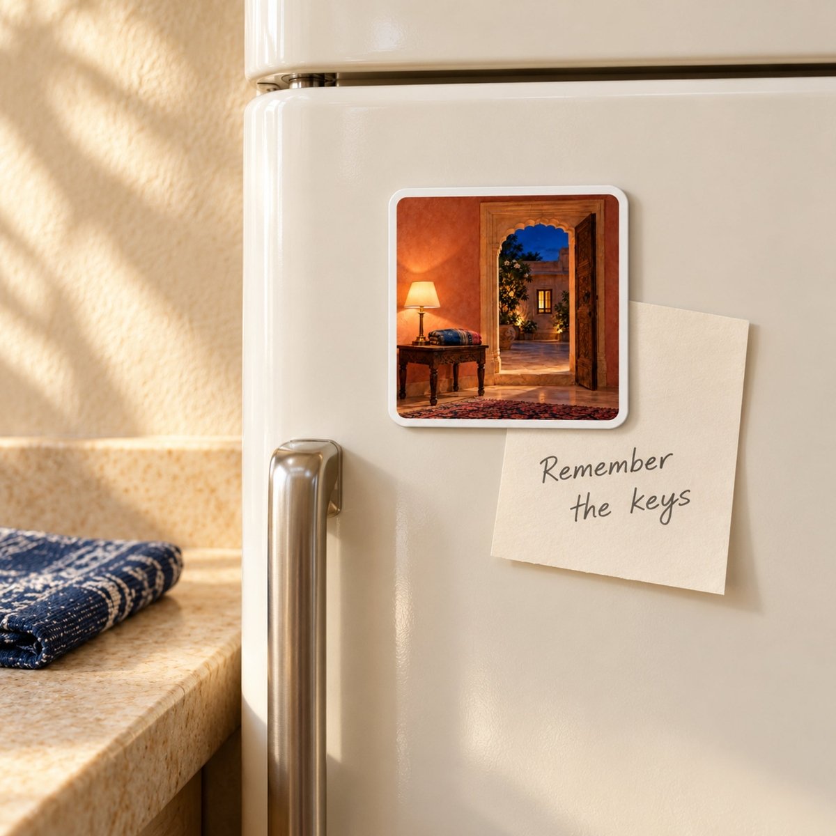 The Light Still On Magnet | Sand & Saffron on a refrigerator showing a lit lamp on a side table inside a room with an open door to a courtyard, next to a sticky note that reads “Remember the keys.”