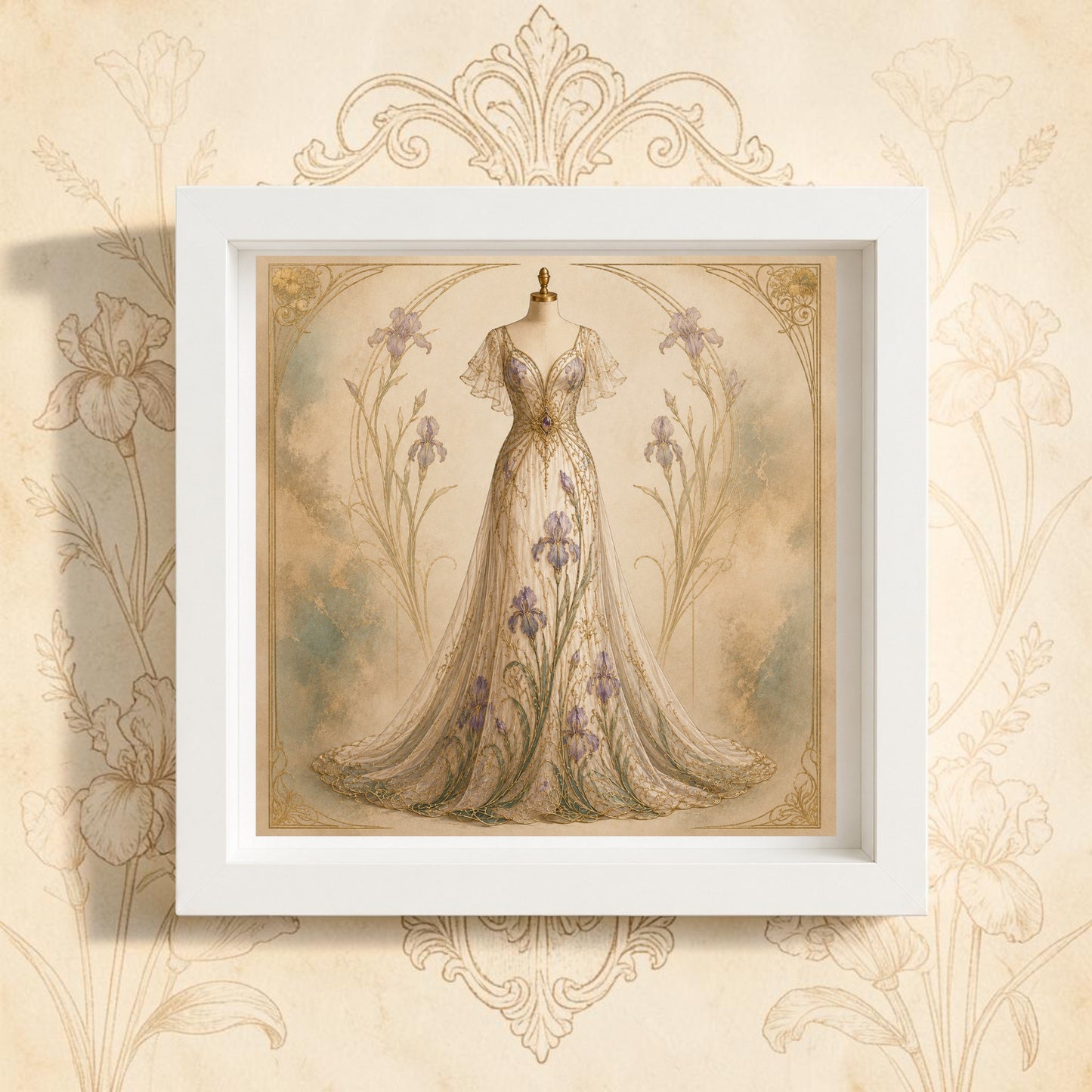 Discover Iris Elegance | Curated Couture Artwork by Mirabilia Boutique—a framed canvas art piece showcasing an ornate, vintage-style dress on a mannequin adorned with delicate lavender iris flowers. Set against a light beige floral background featuring matching motifs, this elegant artwork beautifully captures the essence of Art Nouveau style.