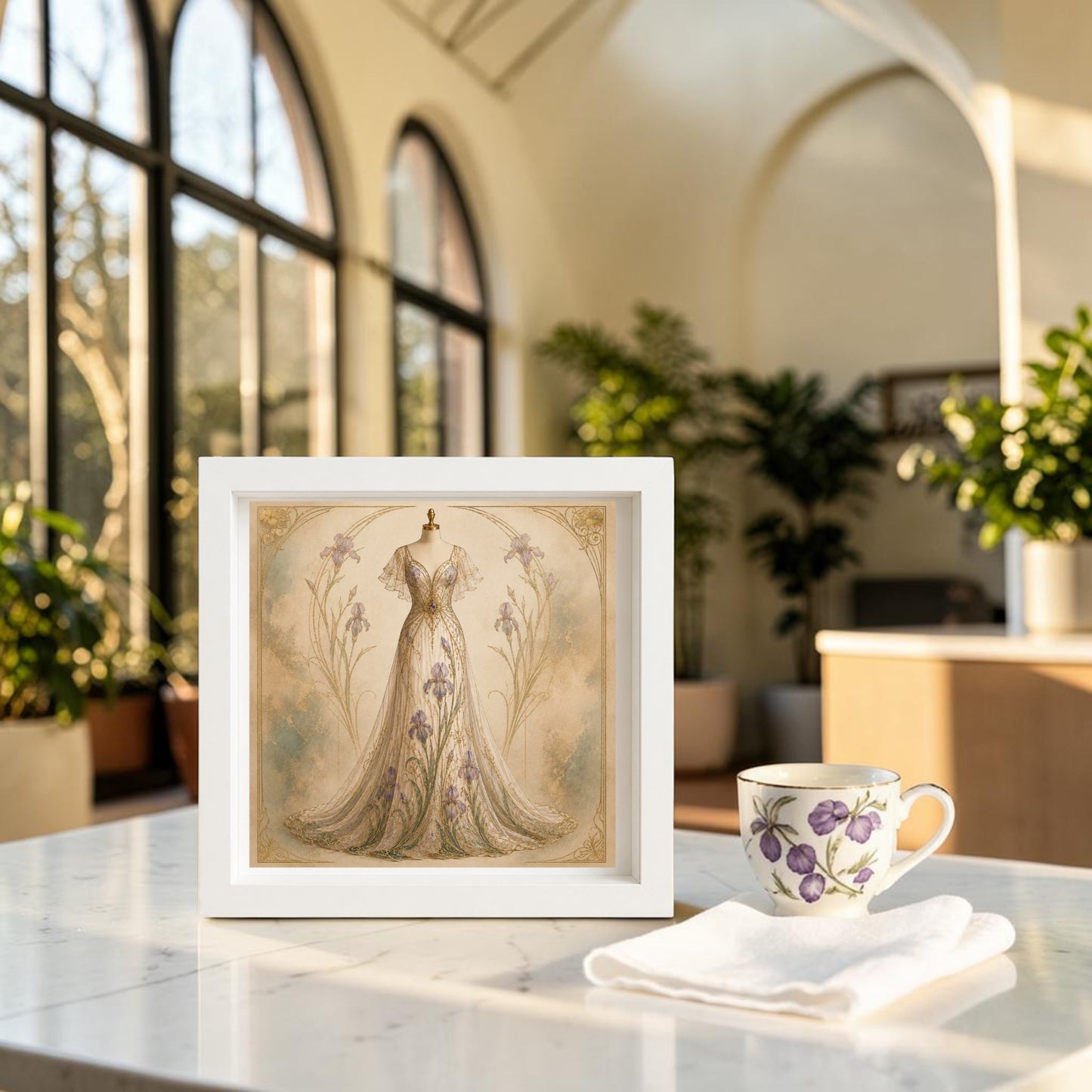 The "Iris Elegance | Curated Couture Artwork" by Mirabilia Boutique, a framed canvas featuring a vintage dress, stands gracefully on a marble table beside a delicate floral teacup and saucer. Sunlight pours through tall windows, casting a glow over potted plants in the airy space, while subtle Art Nouveau accents enrich the room's refined ambiance.