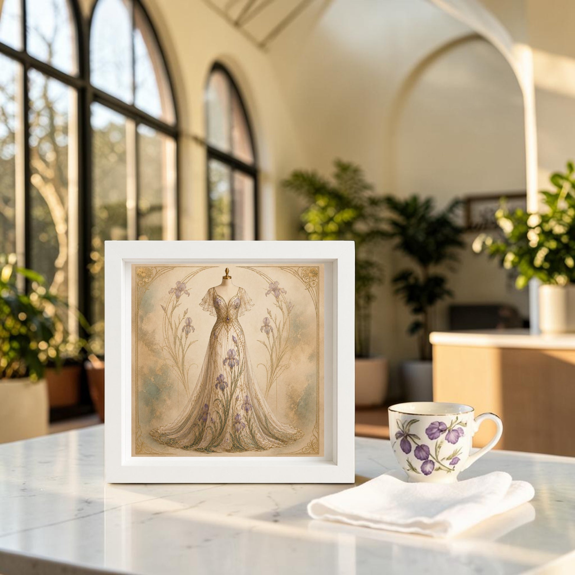 The "Iris Elegance | Curated Couture Artwork" by Mirabilia Boutique, a framed canvas featuring a vintage dress, stands gracefully on a marble table beside a delicate floral teacup and saucer. Sunlight pours through tall windows, casting a glow over potted plants in the airy space, while subtle Art Nouveau accents enrich the room's refined ambiance.