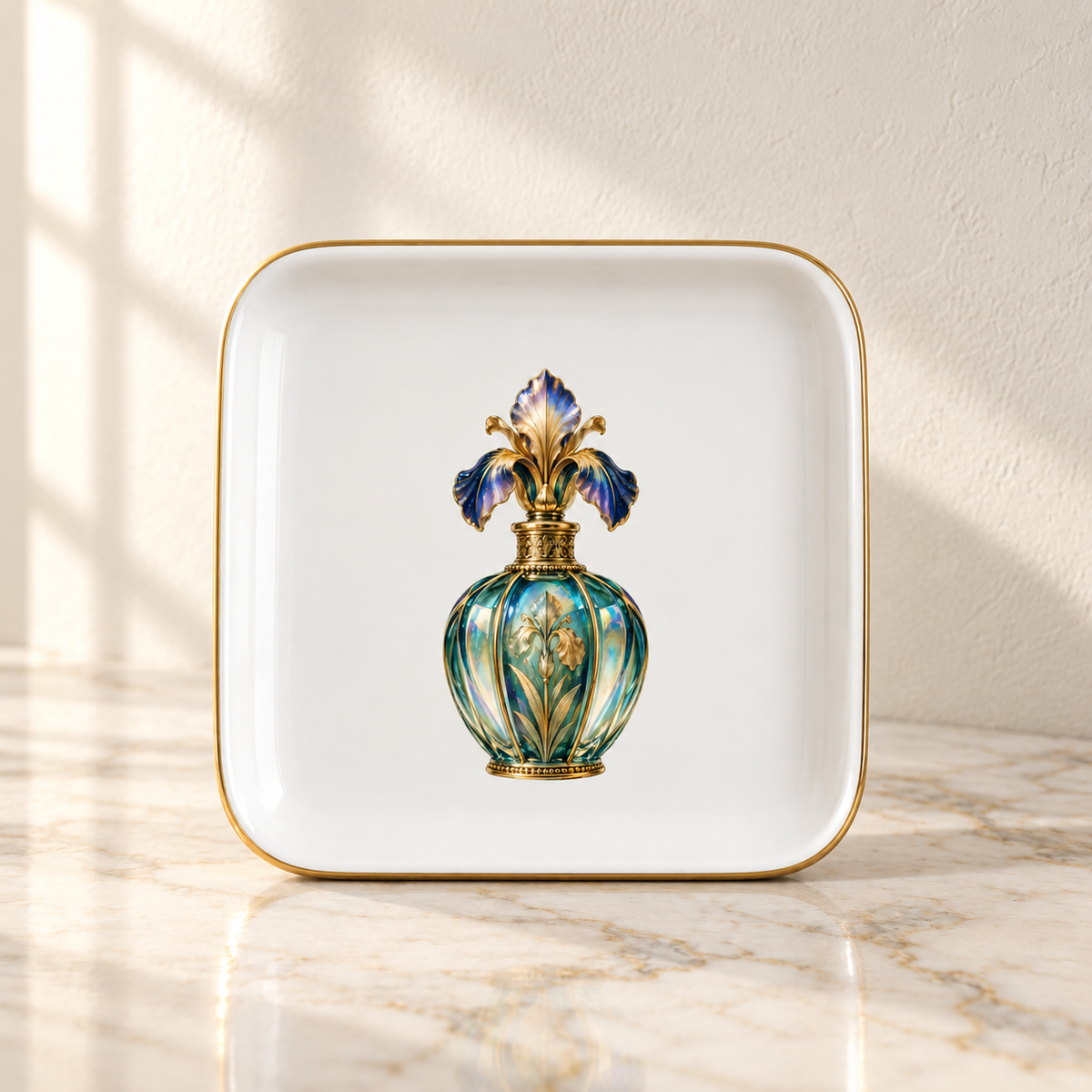 Displayed on a marble surface bathed in soft sunlight, the Iris Perfume Bottle Jewelry Tray from Mirabilia Boutique’s Gilded Reverie collection features a square white plate with a gold rim, styled as an elegant decorative tray. Resting atop is an ornate, vintage-inspired perfume bottle adorned with blue, green, and gold accents and finished with a floral-shaped stopper.