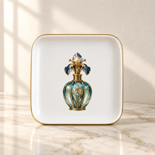 Displayed on a marble surface bathed in soft sunlight, the Iris Perfume Bottle Jewelry Tray from Mirabilia Boutique’s Gilded Reverie collection features a square white plate with a gold rim, styled as an elegant decorative tray. Resting atop is an ornate, vintage-inspired perfume bottle adorned with blue, green, and gold accents and finished with a floral-shaped stopper.