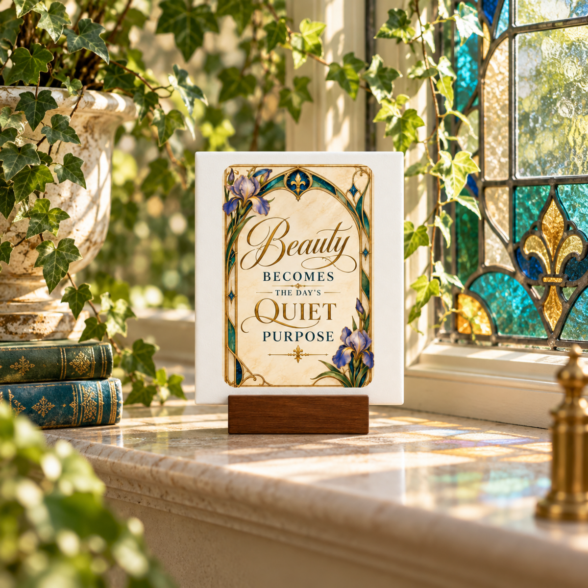 The Beauty Becomes The Day’s Quiet Purpose Mini Sign by Mirabilia Boutique features elegant floral designs and an inspiring phrase, displayed on a windowsill alongside ivy, books, and stained glass. Bathed in sunlight, this decorative piece adds a touch of Art Nouveau charm to the tranquil setting.