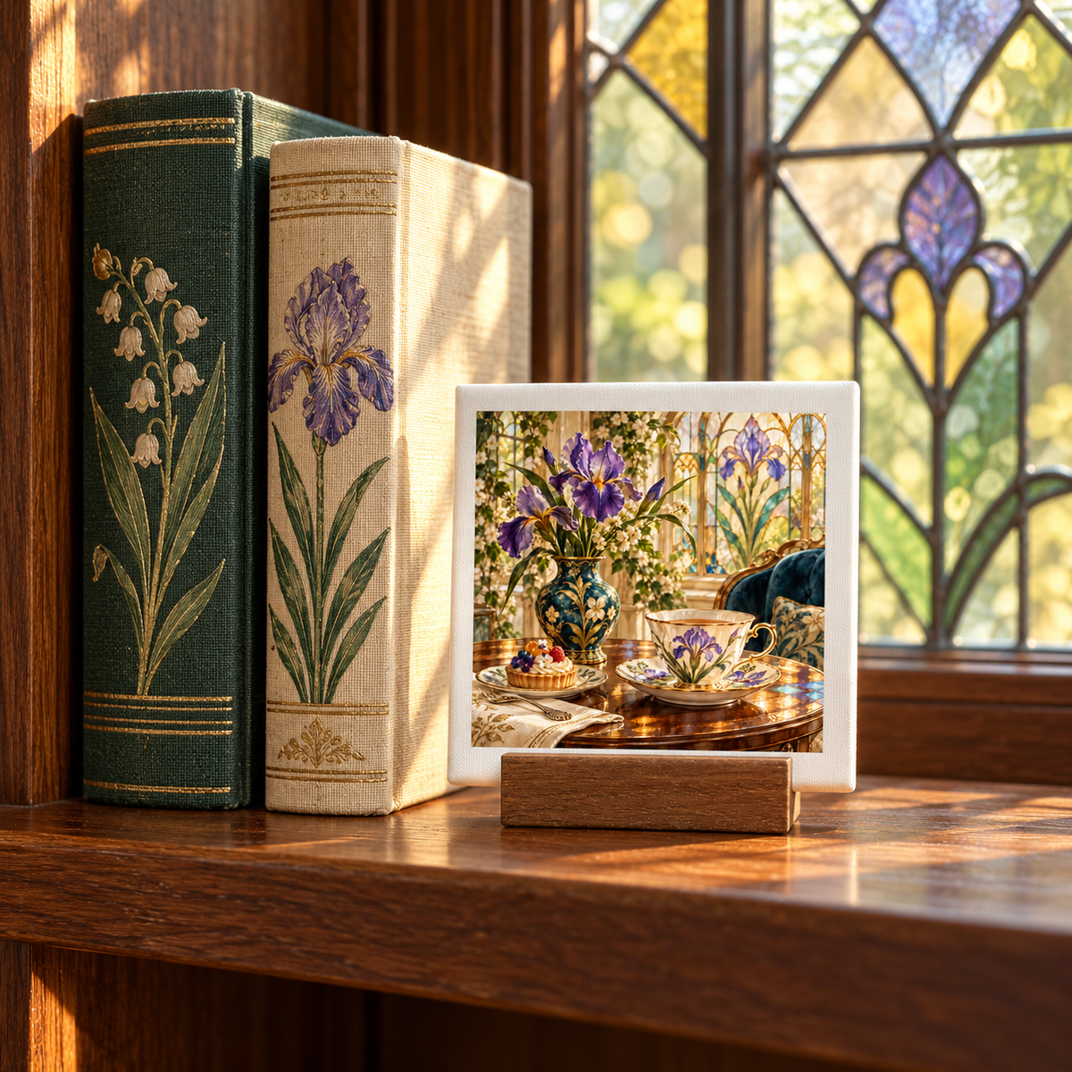 A Day Worth Savoring Birthday Mini Sign by Mirabilia Boutique is a 4x4 inch decorative sign on a wooden stand, depicting a table set with tea and a floral vase, displayed on a shelf next to two decorative books.
