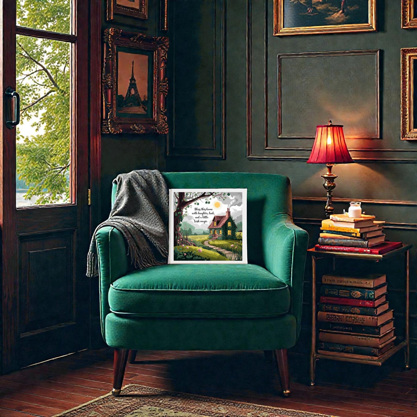 A cozy reading nook with a green velvet armchair, gray blanket, and side table with lamp and books. The Mirabilia Boutique Irish Cottage Blessing Canvas – 8x8 Home Luck Sign rests on the chair. Dark walls display framed artwork.