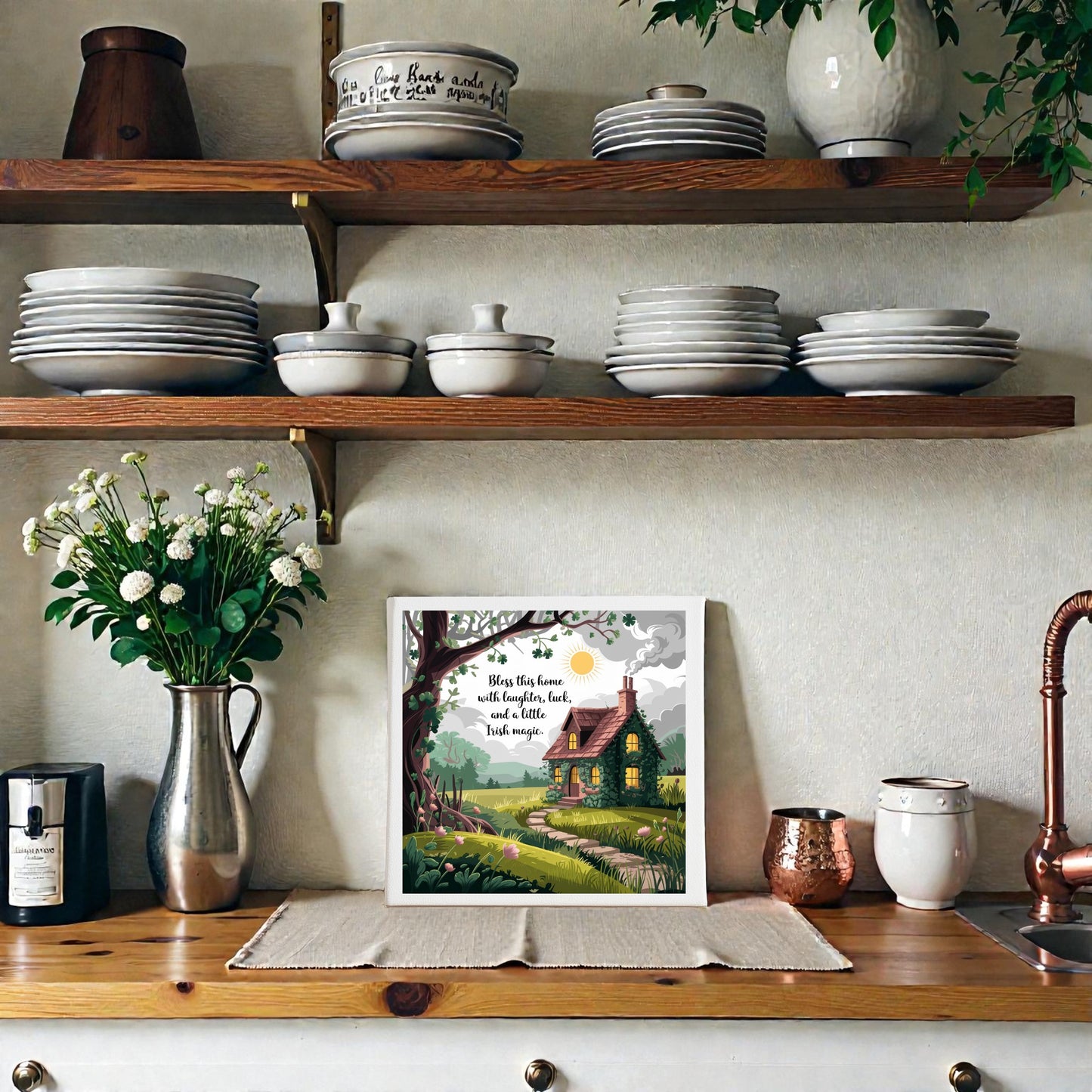 Create a cozy kitchen with the Mirabilia Boutique Irish Cottage Blessing Canvas (8x8), a charming home luck sign perfect for Irish cottage decor and an ideal housewarming gift. Wooden shelves, white dishes, and soft floral accents complete the look.