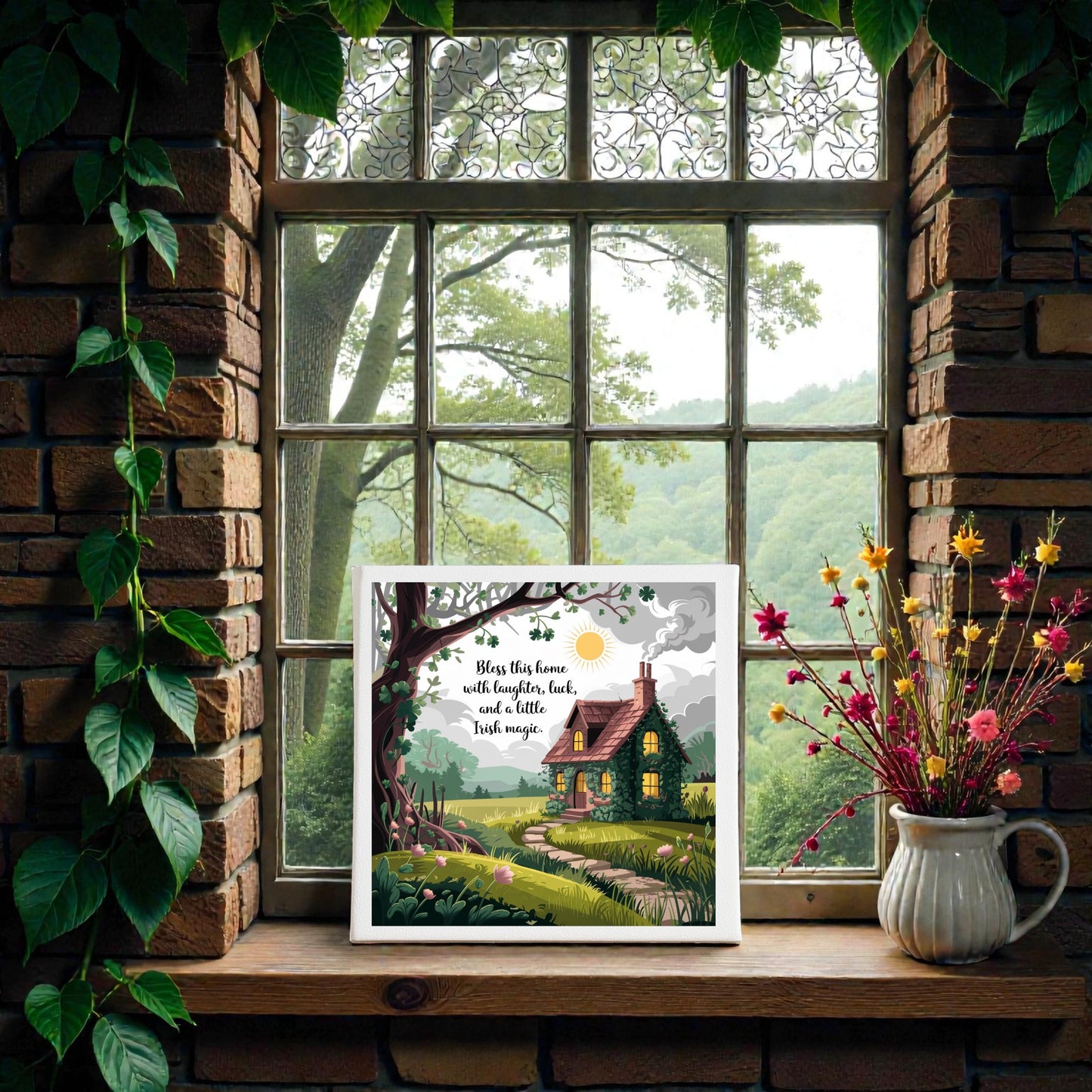 A rustic window scene with leafy vines frames Mirabilia Boutique’s Irish Cottage Blessing Canvas – 8x8 Home Luck Sign and wildflowers on the sill, basking in sunlight—an inviting, cozy touch and perfect housewarming gift.