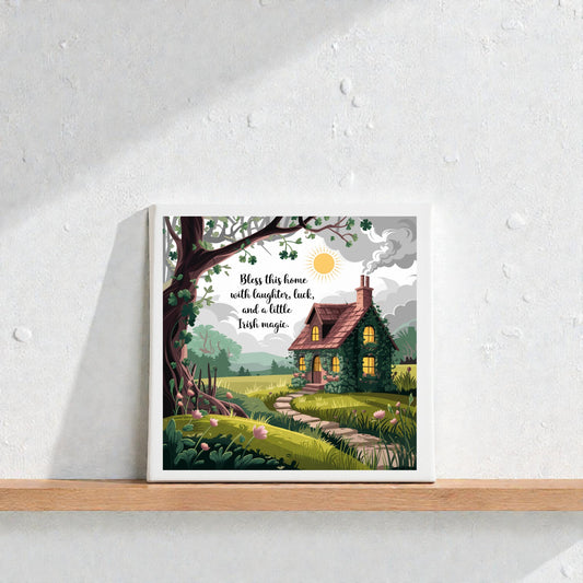 The Mirabilia Boutique Irish Cottage Blessing Canvas – 8x8 Home Luck Sign features a cozy cottage illustration and the words "Bless this home with laughter, luck, and a little Irish magic." Ideal housewarming gift and charming Irish decor.