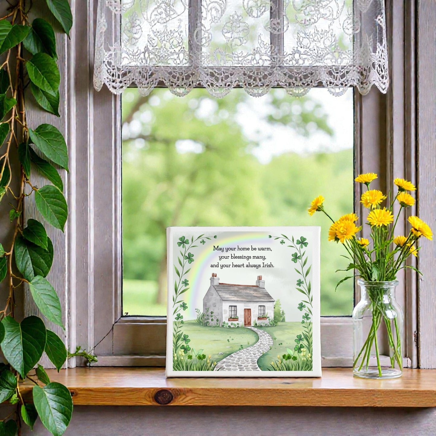 The Irish Heart Home Blessing Canvas – 8x8 Quote Sign by Mirabilia Boutique sits on a windowsill beside yellow flowers—ideal as an Irish heritage gift or housewarming decor—framed by lace curtains and garden views.