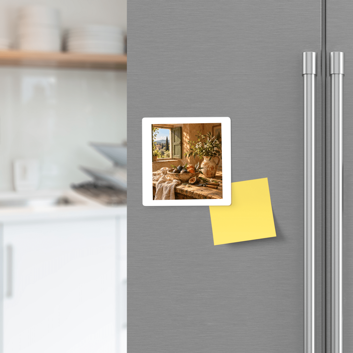 A square What the Garden Brought Art Magnet | Ochre & Cypress on a refrigerator showing a Tuscan still life of fruit and flowers on a windowsill, next to a blank yellow sticky note.