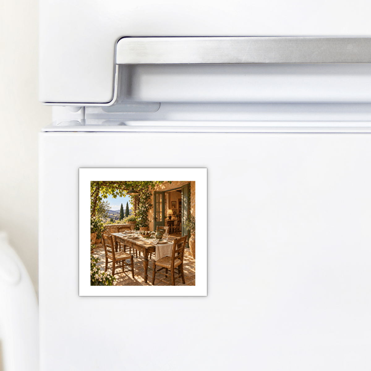 One More Place Tuscan Art Magnet | Ochre & Cypress square magnet on a white refrigerator, depicting a sunlit rustic terrace with a wooden dining table set for a meal.