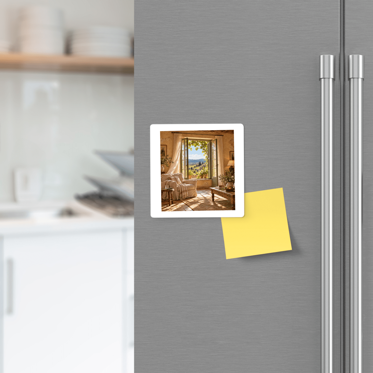 A square The Windows Are Open Art Magnet | Ochre & Cypress featuring an open window looking out onto a sunlit sitting room landscape, attached to a refrigerator next to a blank yellow sticky note.