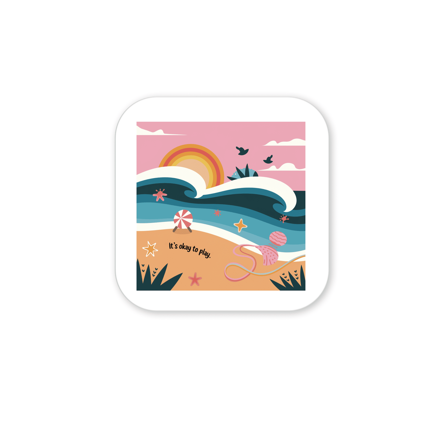 The Mirabilia Boutique "It’s Okay to Play Magnet – Whimsical Ocean Joy" features a colorful beach sunset with waves, birds, starfish, and "It's okay to play" written in the sand—a playful, inspirational magnet for your space.