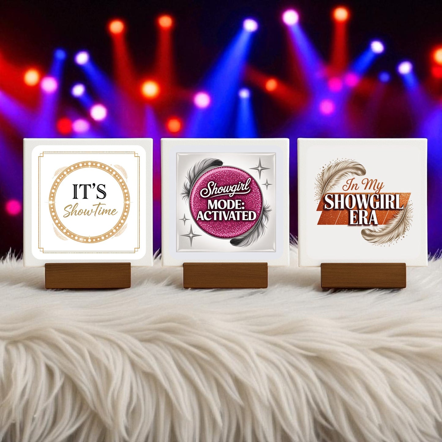 The Mirabilia Boutique "It’s Showtime Mini Sign | Gold Glam Stage Decor" sits on a white surface with stage lights behind it—perfect Broadway-inspired or motivational desk decor.
